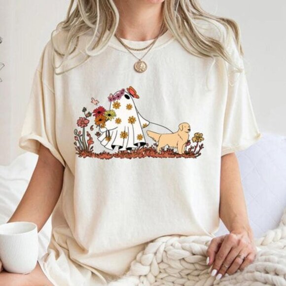 Tops - Cute Ghost Dog Shirt, Dog Ghost Halloween Tee, Retro Spooky Boo Dog Ghost Shirt
